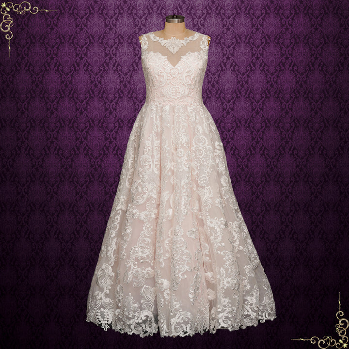 Pink A-line Lace Wedding Dress with Illusion Neckline | MALLE