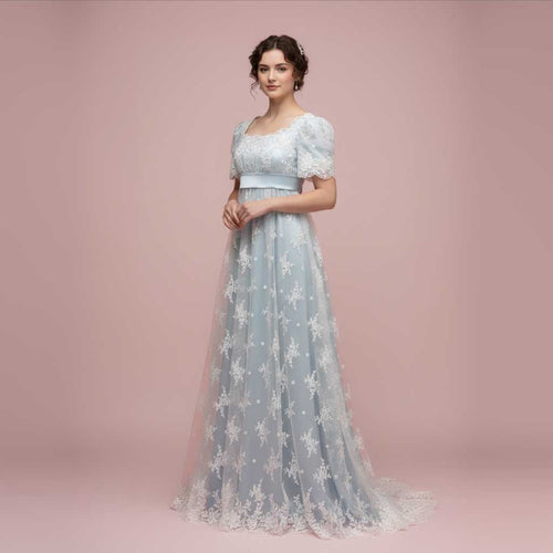 regency era blue dress Silver Turquoise Elegant Lace Net Regency Jane Austen Ball Dress Gown –  Matti's Millinery & Costumes
