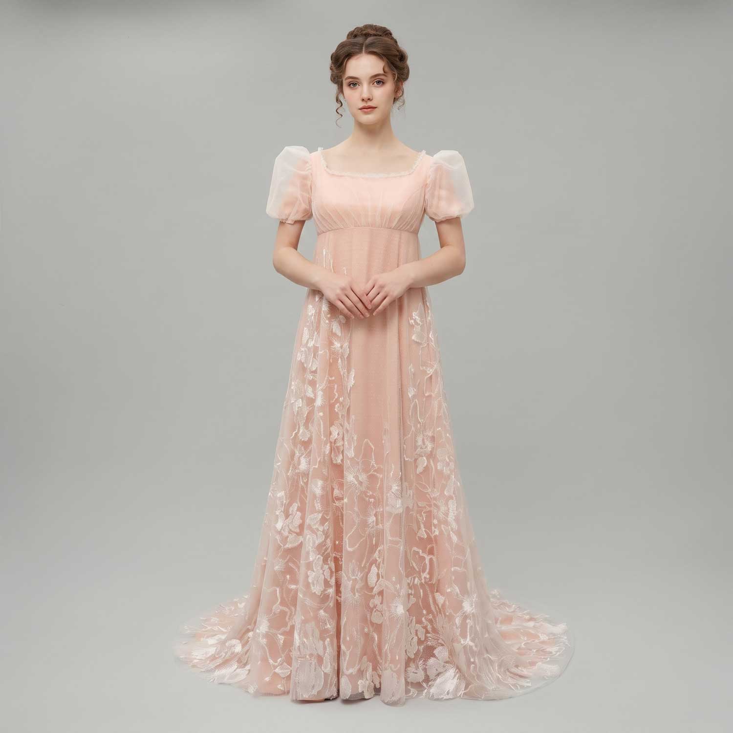 Bridgerton-Inspired Regency Pink Empire Waist Lace Wedding Dress | DAFFY