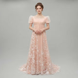 Bridgerton-Inspired Regency Pink Empire Waist Lace Wedding Dress | DAFFY
