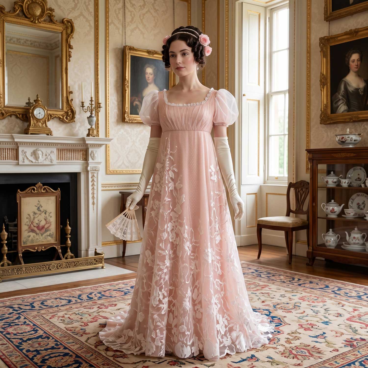 Bridgerton-Inspired Regency Pink Empire Waist Lace Wedding Dress | DAFFY