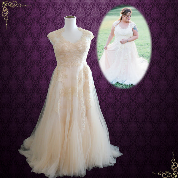 Plus Size Boho Lace Wedding Dress with Cap Sleeves | Korynne