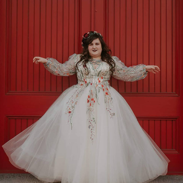 Colored Floral Lace Wedding Dress with Sleeves ALBA