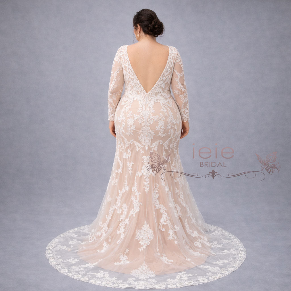 Plus Size Illusion Lace Mermaid Wedding Dress with Long Sleeves