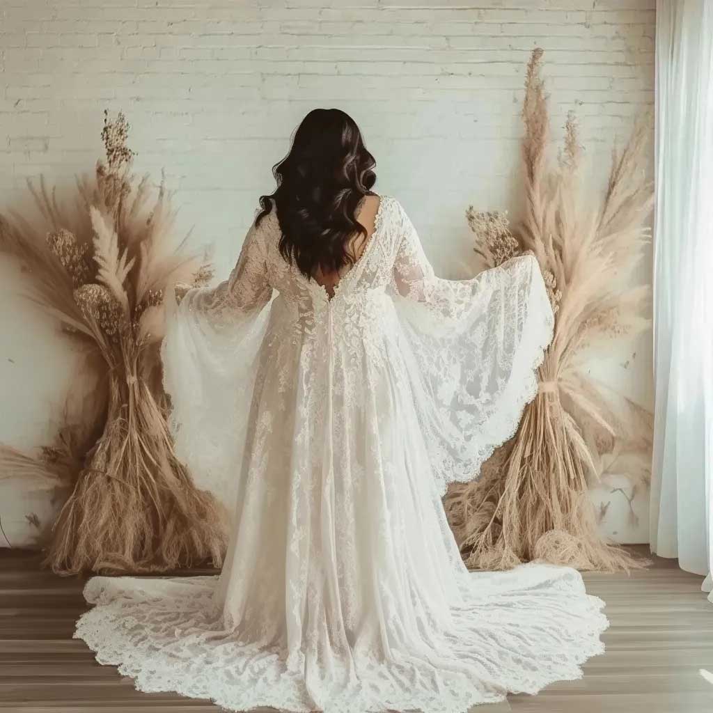 Plus Size Lace Wedding Dress with Bell Sleeves | WJ2408