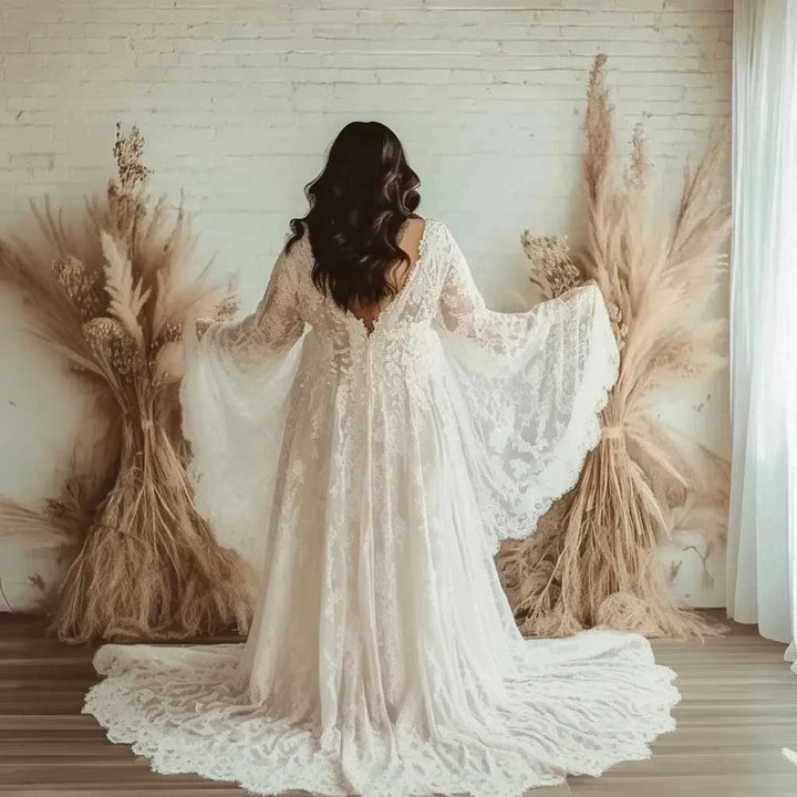 Plus Size Lace Wedding Dress with Bell Sleeves | WJ2408 Custom Size / White Plus Size Lace Wedding Dress with Bell Sleeves | WJ2408 Custom Size / White