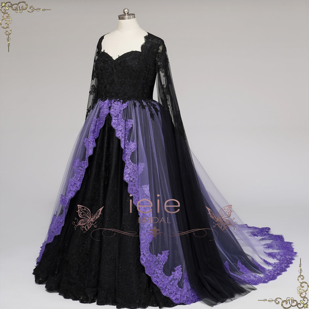 Gothic Black and Purple Lace Wedding Dress with Keyhole Back