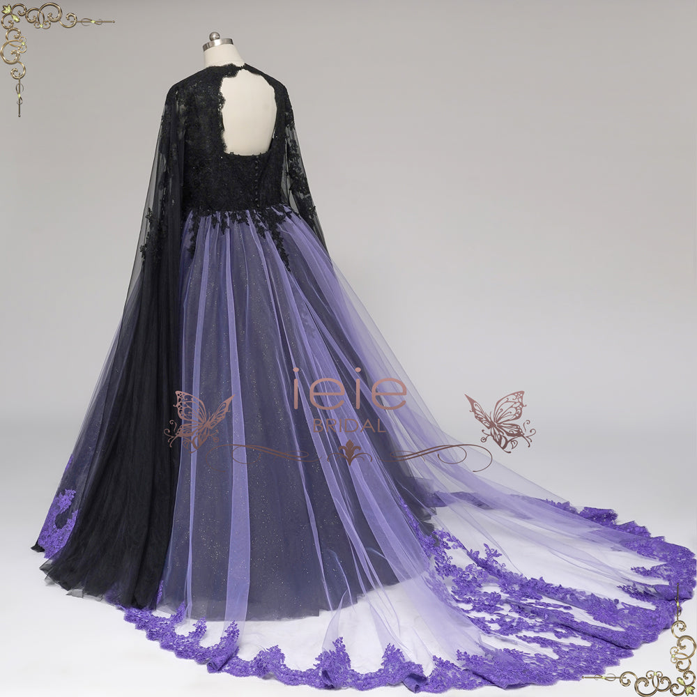 Gothic Black and Purple Lace Wedding Dress with Keyhole Back