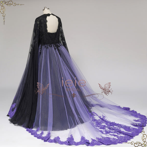 Gothic Black and Purple Lace Wedding Dress with Keyhole Back