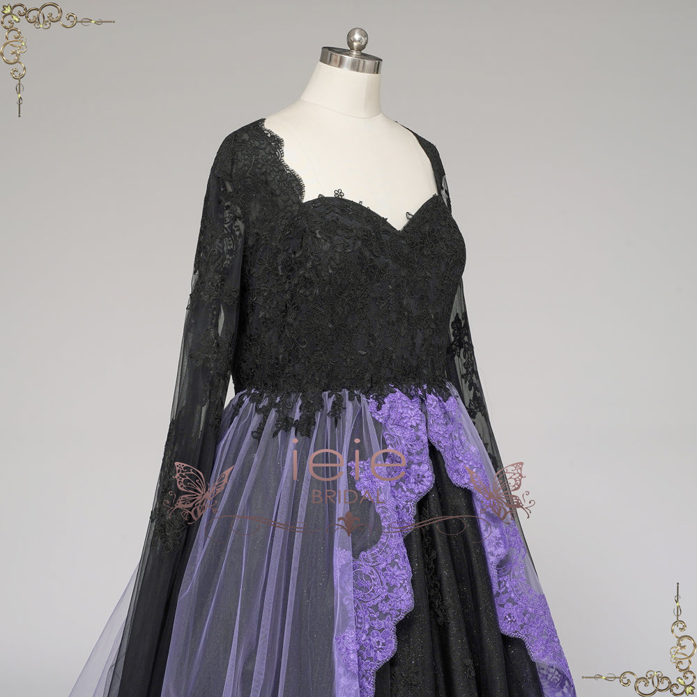 Gothic Black and Purple Lace Wedding Dress with Keyhole Back