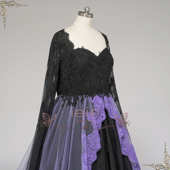 Gothic Black and Purple Lace Wedding Dress with Keyhole Back | ADRIA