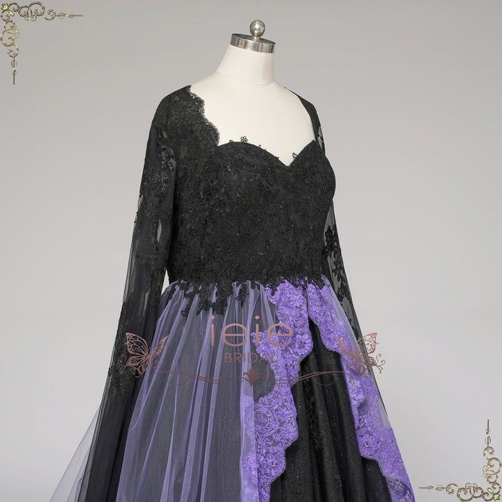 purple gothic wedding dress Gothic Black and Purple Lace Wedding Dress with Keyhole Back