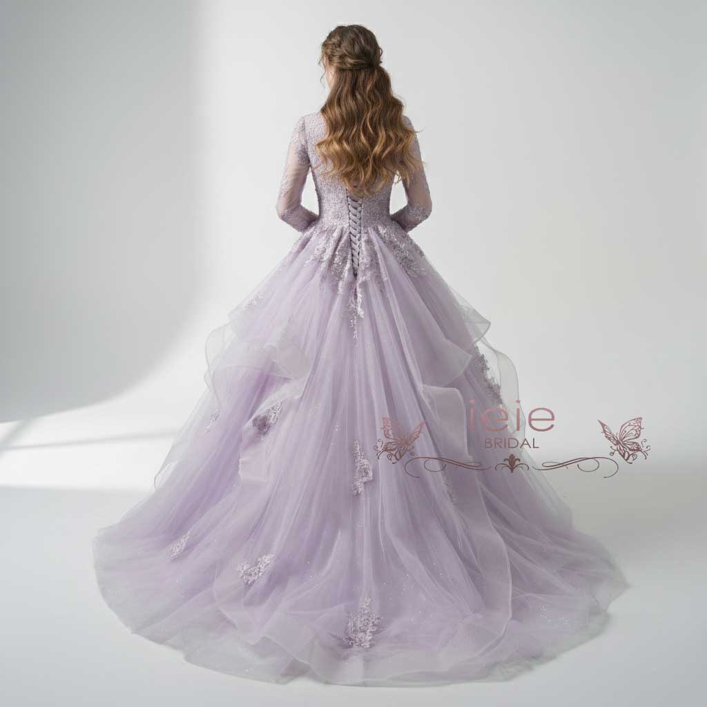 Modest Purple Lace Ball Gown Wedding Dress | WISTERIA