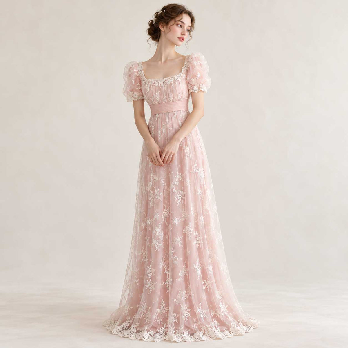 Pink Lace Regency Style Ball Gown Wedding Dress HELENA