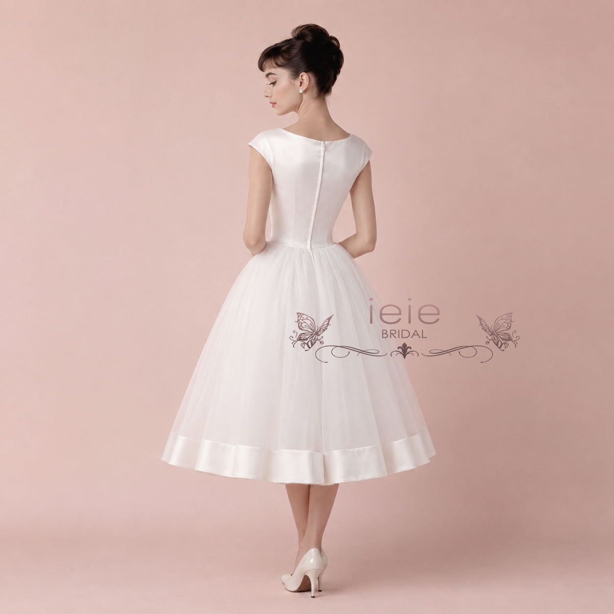AUDREY | Vintage Retro Tea Length Satin Tulle Wedding Dress