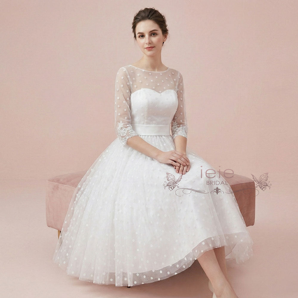 retro polka dot wedding dress Vintage Long Sleeve Lace Polka Dot 50s Style Tea Length Wedding Dress Short Country Wedding dress