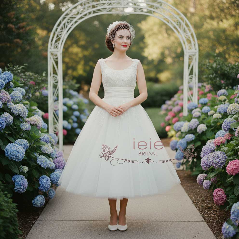 Retro 50s Vintage Style Tea Length Lace Wedding Dress | LISA