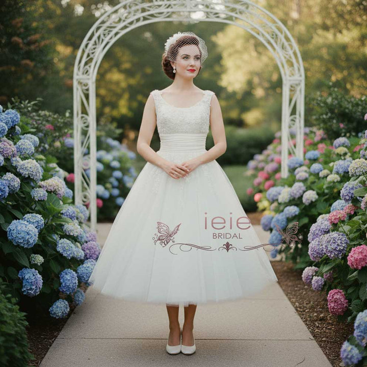 Retro 50s Vintage Style Tea Length Lace Wedding Dress | LISA