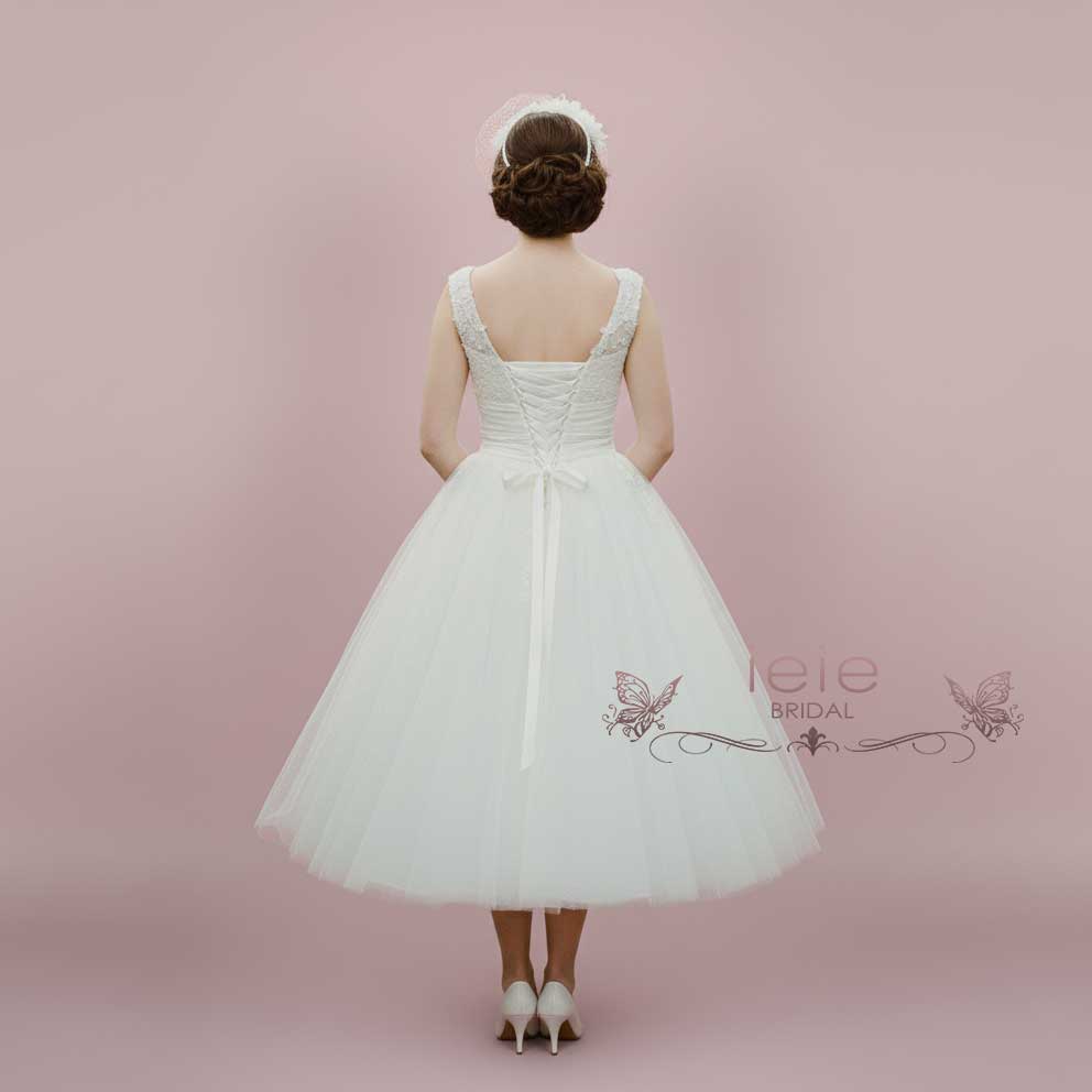 Retro 50s Vintage Style Tea Length Lace Wedding Dress | LISA