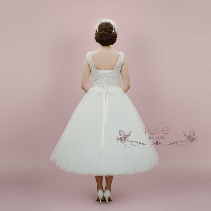 Retro 50s Vintage Style Tea Length Lace Wedding Dress | LISA
