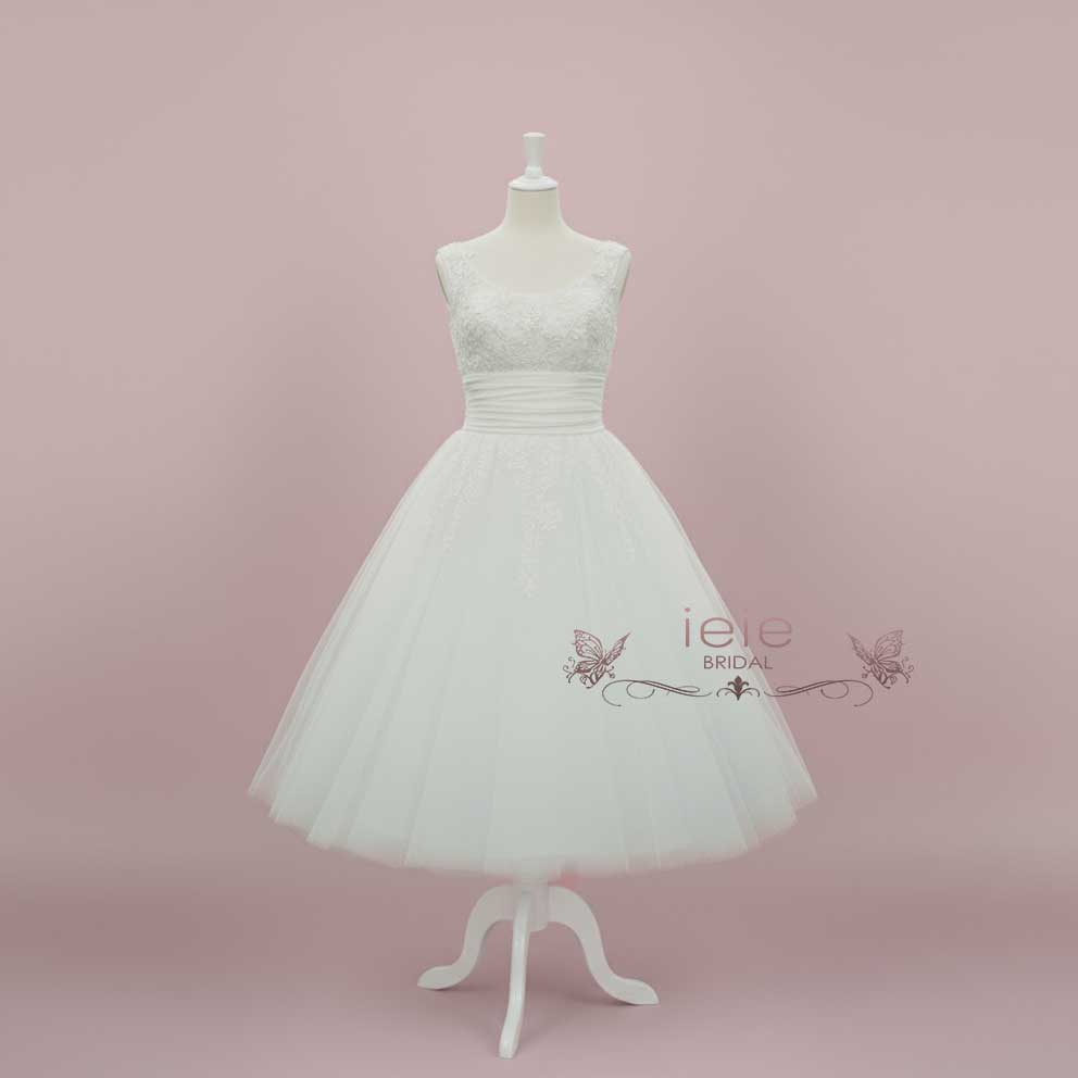 Retro 50s Vintage Style Tea Length Lace Wedding Dress | LISA