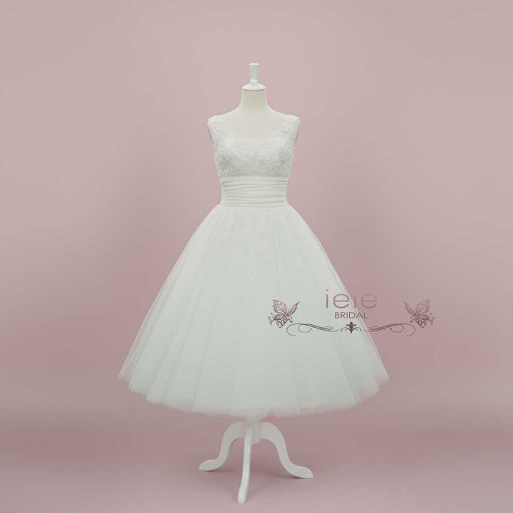 Retro 50s Vintage Style Tea Length Lace Wedding Dress | LISA