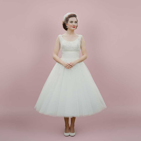 Retro 50s Vintage Style Tea Length Lace Wedding Dress | LISA
