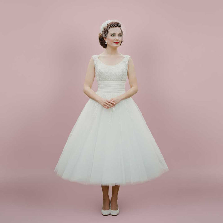 Retro 50s Vintage Style Tea Length Lace Wedding Dress | LISA