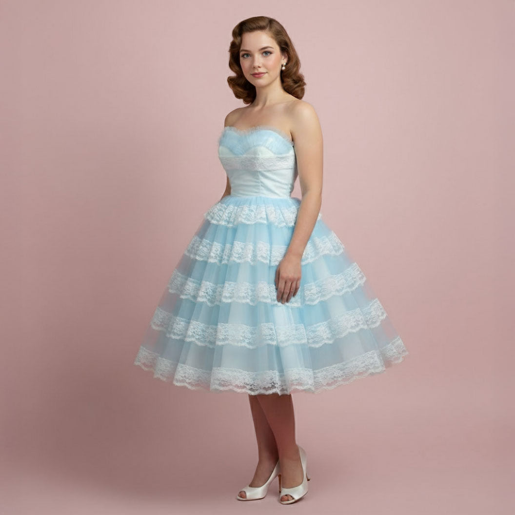 Tea Length Blue Retro 50s Prom Formal Tulle Dress with Ruffles