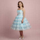 Tea Length Blue Retro 50s Prom Formal Tulle Dress with Ruffles | MAGGIE
