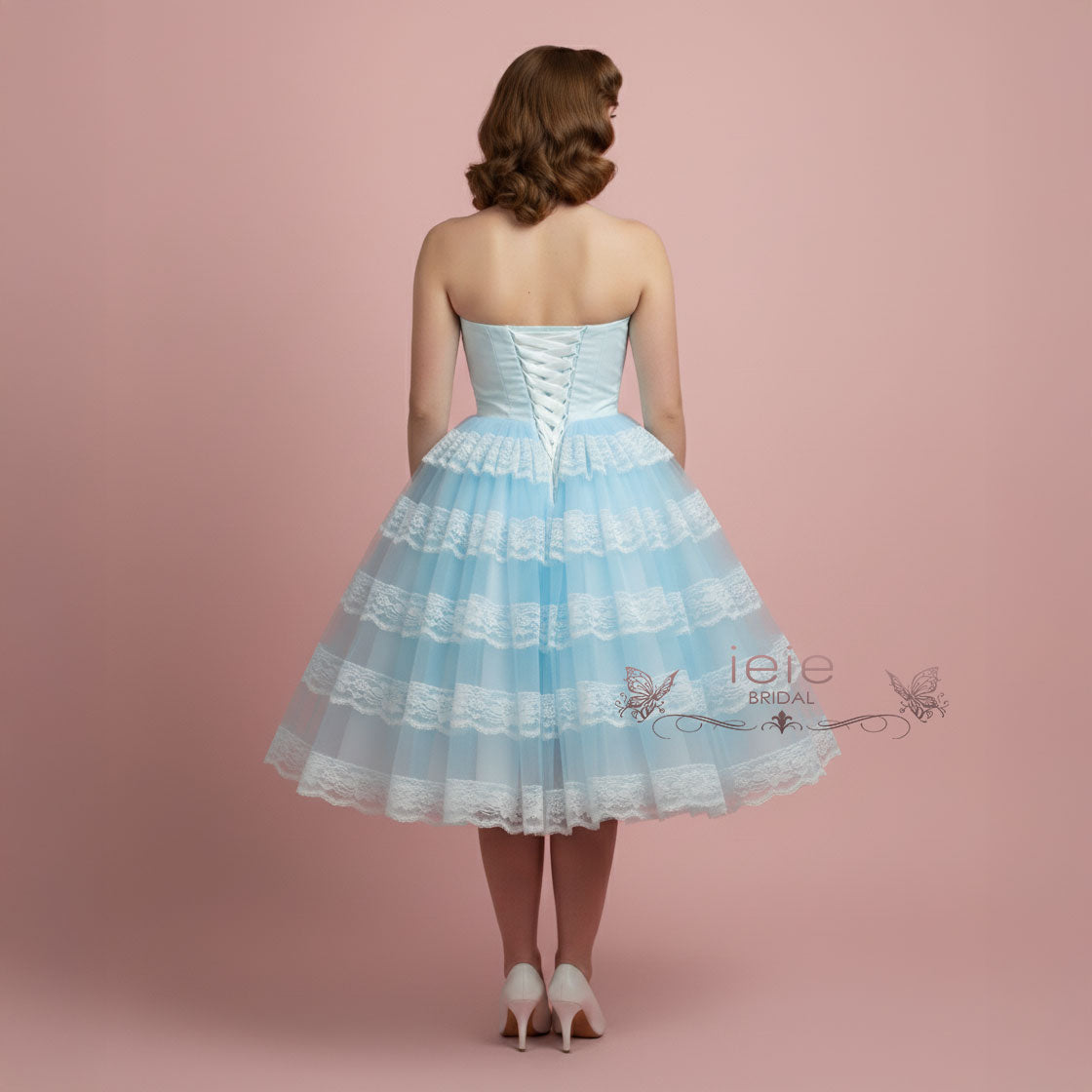 Tea Length Blue Retro 50s Prom Formal Tulle Dress with Ruffles Tea Length Blue Retro 50s Prom Formal Tulle Dress with Ruffles