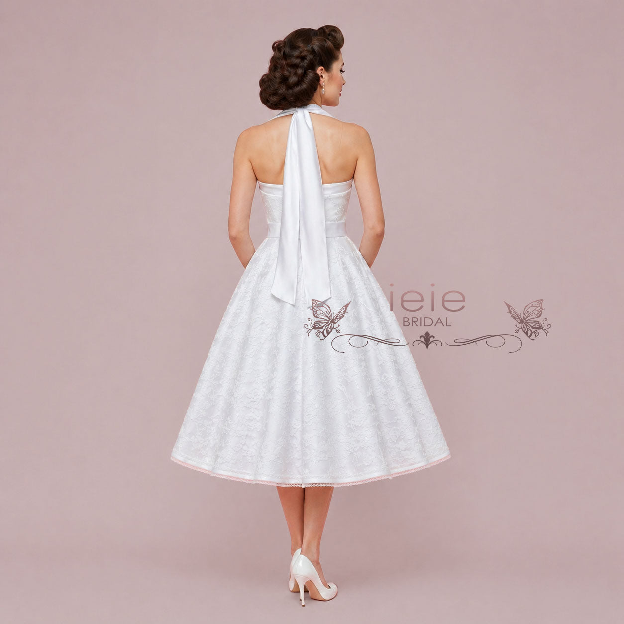 Retro 50s Short Tea Length Wedding Dress with Halter Tie Neck | KENT