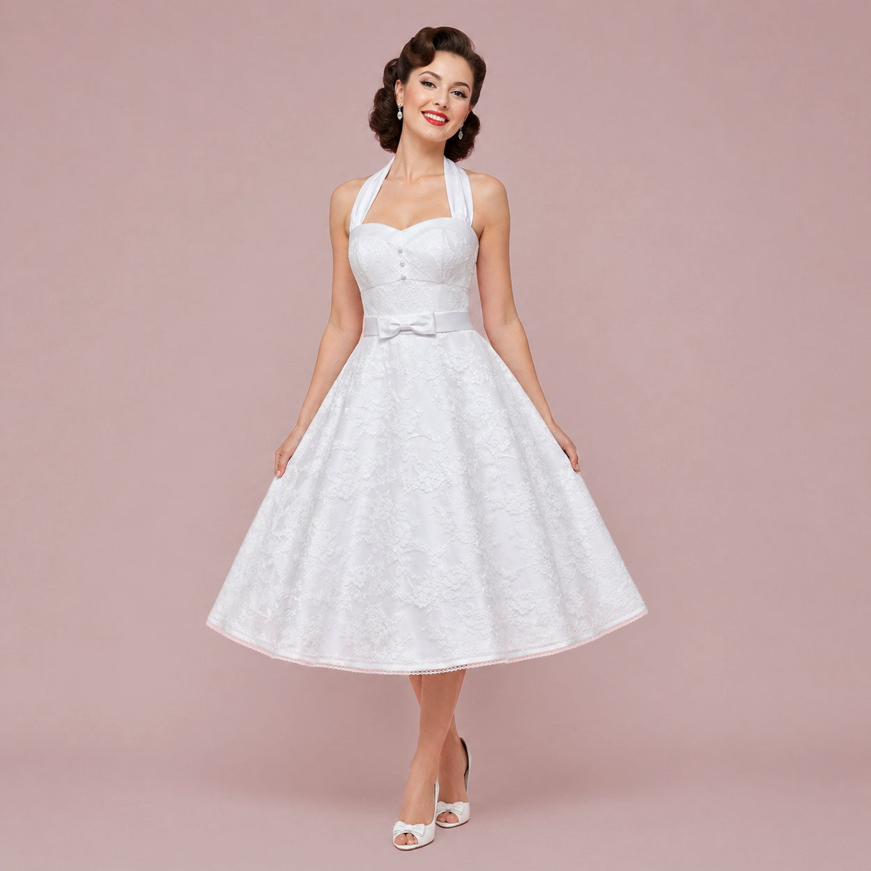 Retro 50s Short Tea Length Wedding Dress with Halter Tie Neck