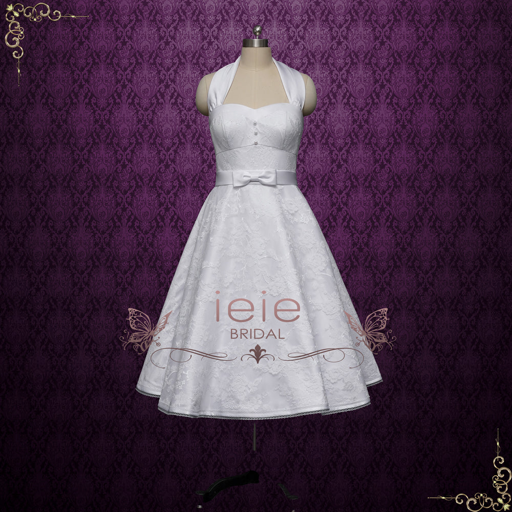 Retro 50s Short Tea Length Wedding Dress with Halter Tie Neck | KENT