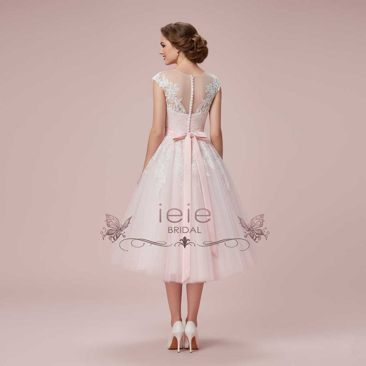 Pearl Pink Retro Tea Length Wedding Dress ROSALIE Size 6 / Ivory / Lace up Pearl Pink Retro Tea Length Wedding Dress ROSALIE Size 6 / Ivory / Lace up
