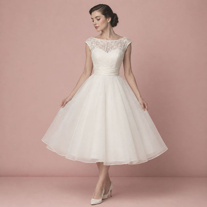tea length women's white short wedding dress Short Retro Tea Length Lace Wedding Dress