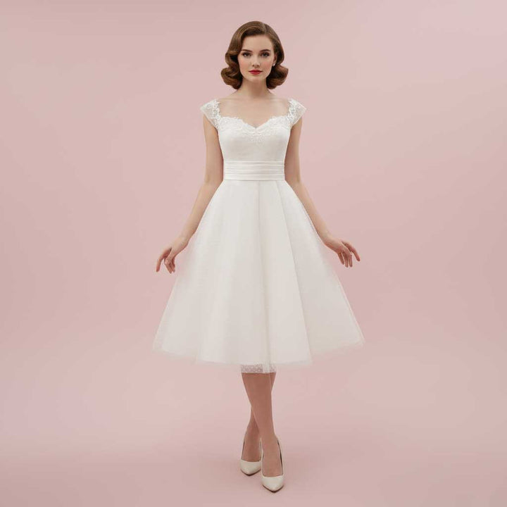 Retro 1950s Tea Length Wedding Dress with Polka Dot Tulle Retro 1950s Tea Length Wedding Dress with Polka Dot Tulle