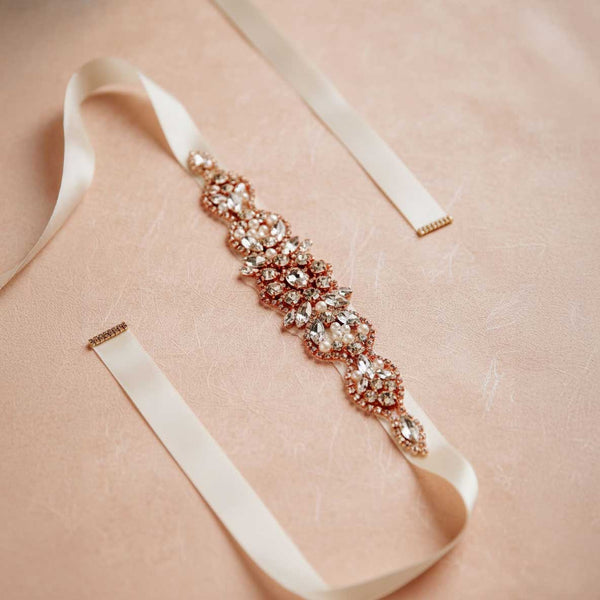 Rose Gold Crystal Rhinestone Wedding Sash BT2014