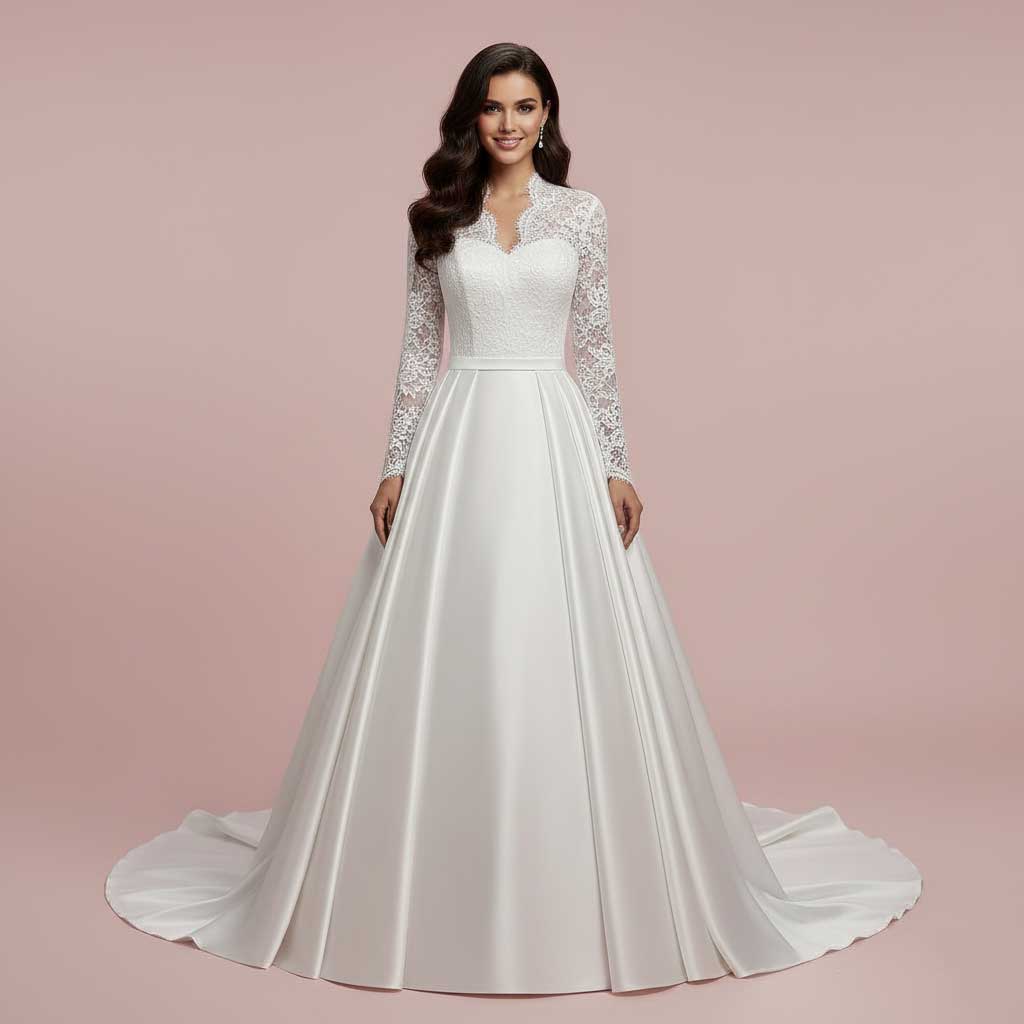 Classic Lace Ball Gown Wedding Dress with Long Lace Sleeves KATHERINE Size 20W / Ivory