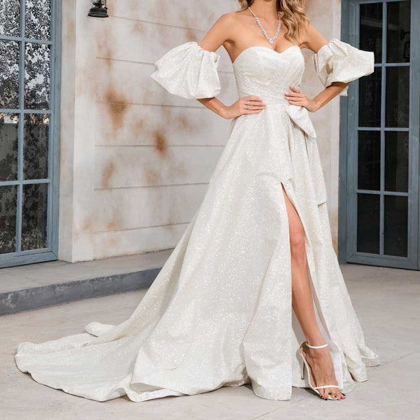 Shimmery Boho Wedding Dress with Side Slit X1002