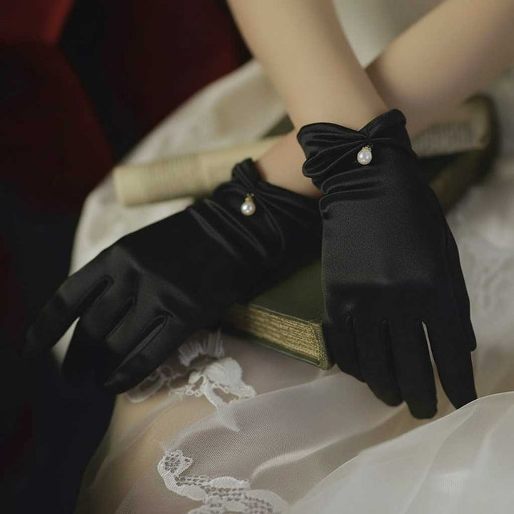 Short Retro Black Satin Gloves with Pearl Accent for Weddings and Formals AC1012