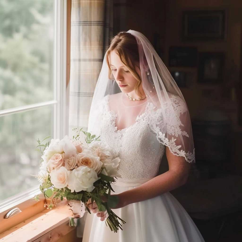 Short Elbow Length Veil with Floral Lace Edges VG1087