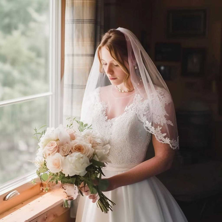 Short Elbow Length Veil with Floral Lace Edges VG1087