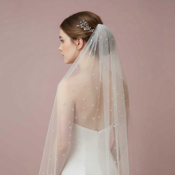Short Fingertip Pearl Accented Wedding Veil VG3049