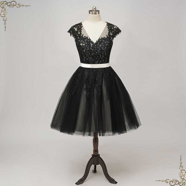  Short Little Black Lace Wedding Dress with Keyhole Back | LUNIA