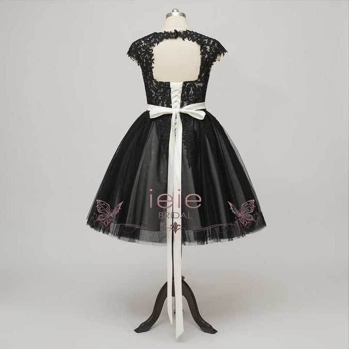  Short Little Black Lace Wedding Dress with Keyhole Back | LUNIA