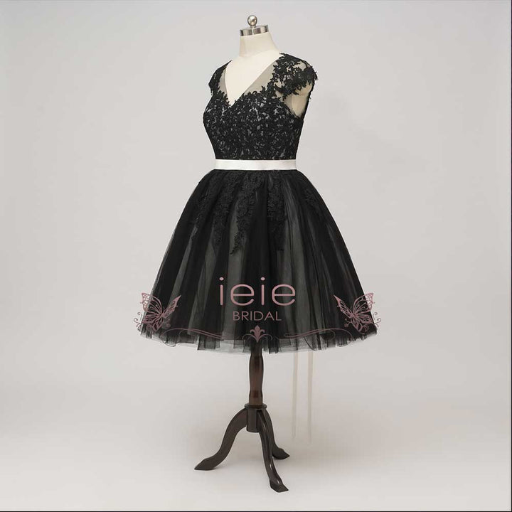  Short Little Black Lace Wedding Dress with Keyhole Back | LUNIA