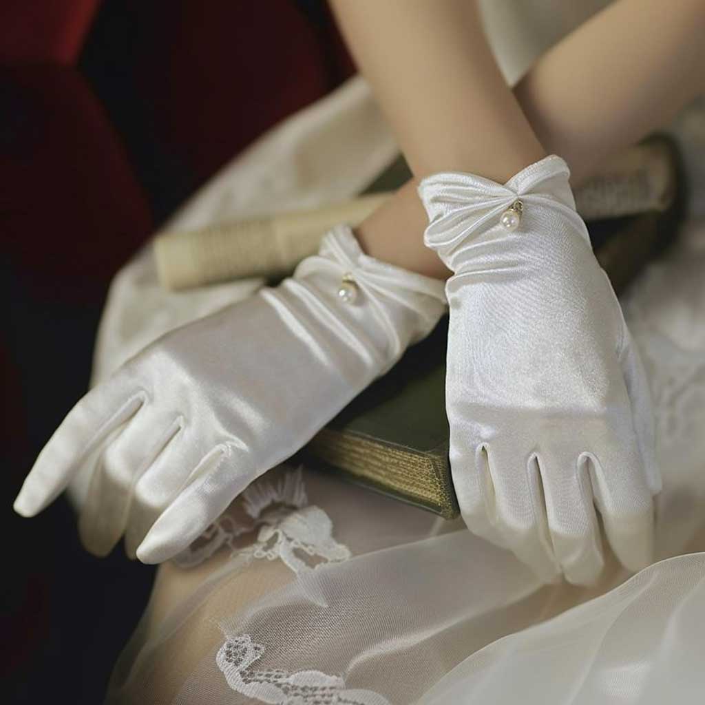 Short Retro Black Satin Gloves with Pearl Accent for Weddings and Formals AC1012