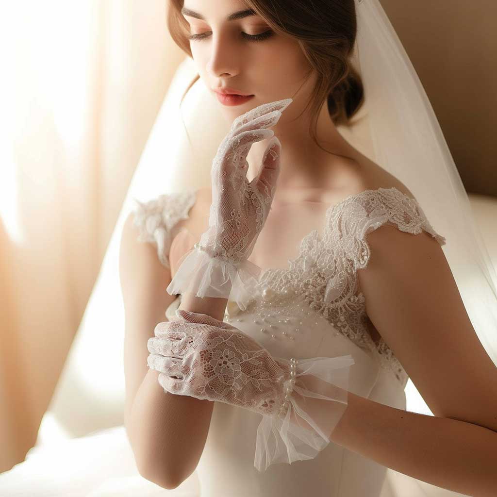 Short Lace Bridal Gloves with Pearls AC1016