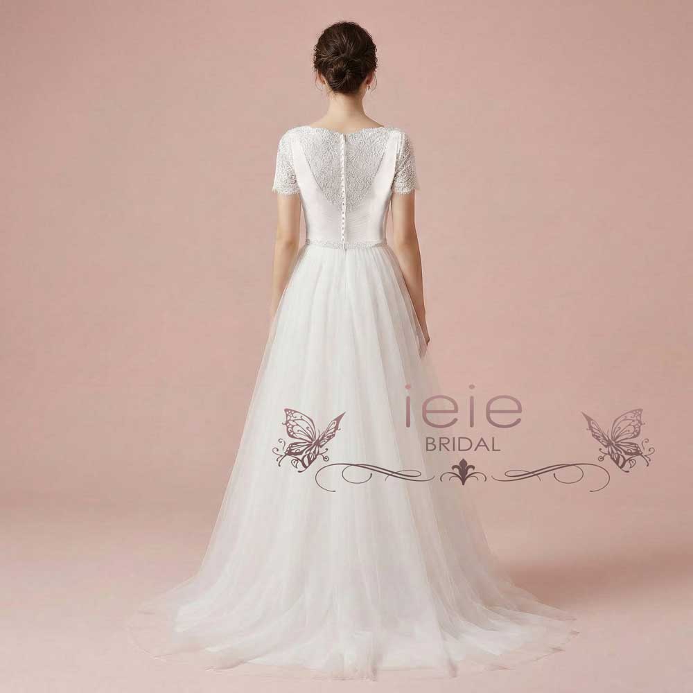 Whimsical Modest Vintage Style Lace and Tulle Beach Wedding Dress with Short Sleeves | ANNABELLEA